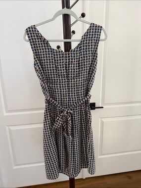 Benetton Silk Beige Sleeveless Dress with Blue Floral Motif and Tie Waist
